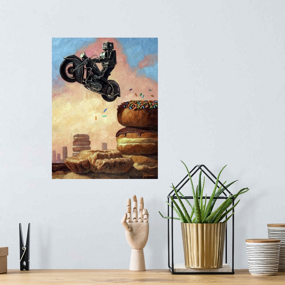 A bohemian room featuring A contemporary painting of a black retro toy robot riding a black motorcycle and jumping it off o...