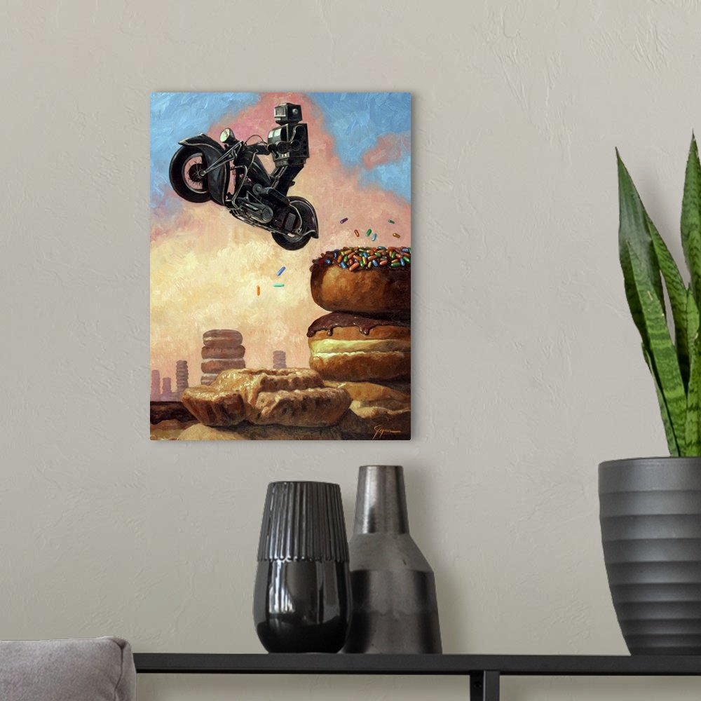 A modern room featuring A contemporary painting of a black retro toy robot riding a black motorcycle and jumping it off o...