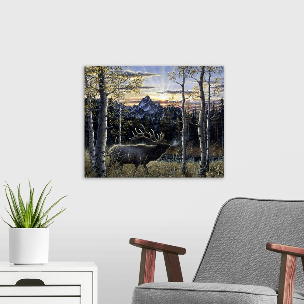 A modern room featuring an elk standing in the birches mountain in background
