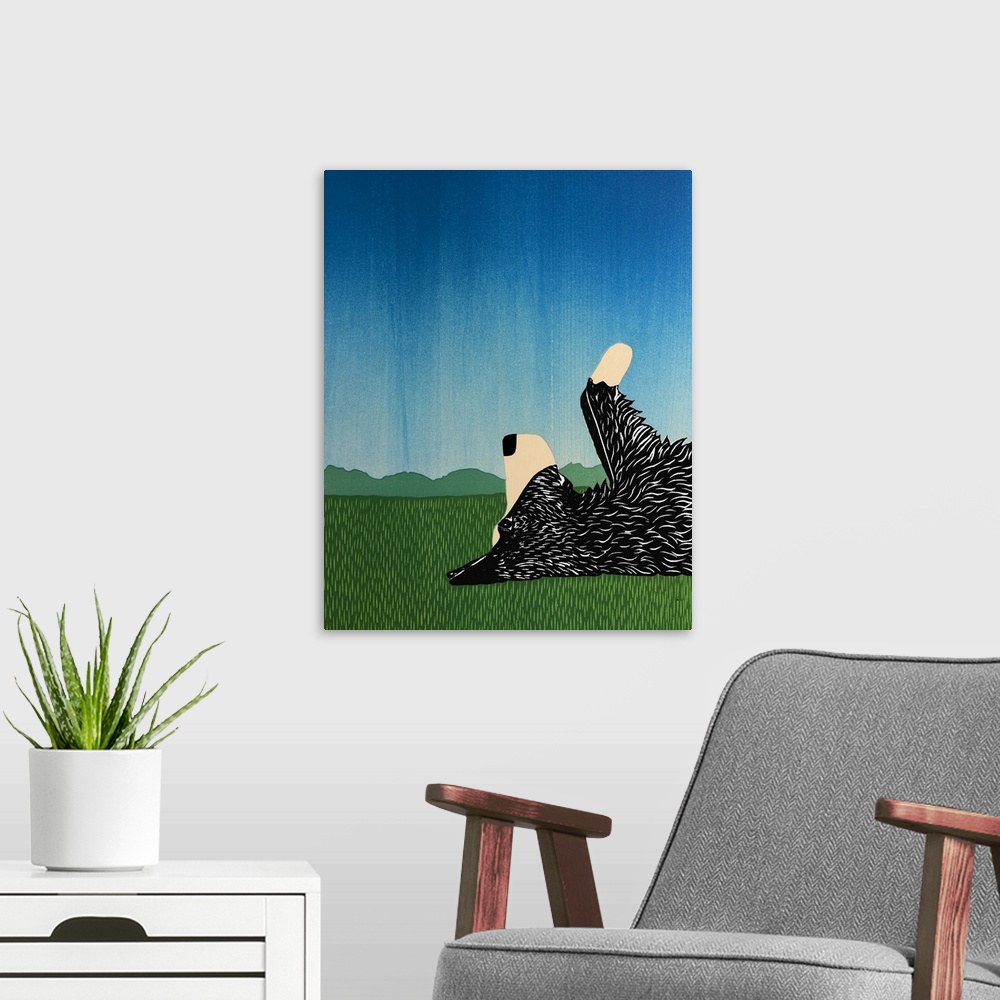 A modern room featuring Illustration of a border collie laying on its back on green grass with its paws in the air.