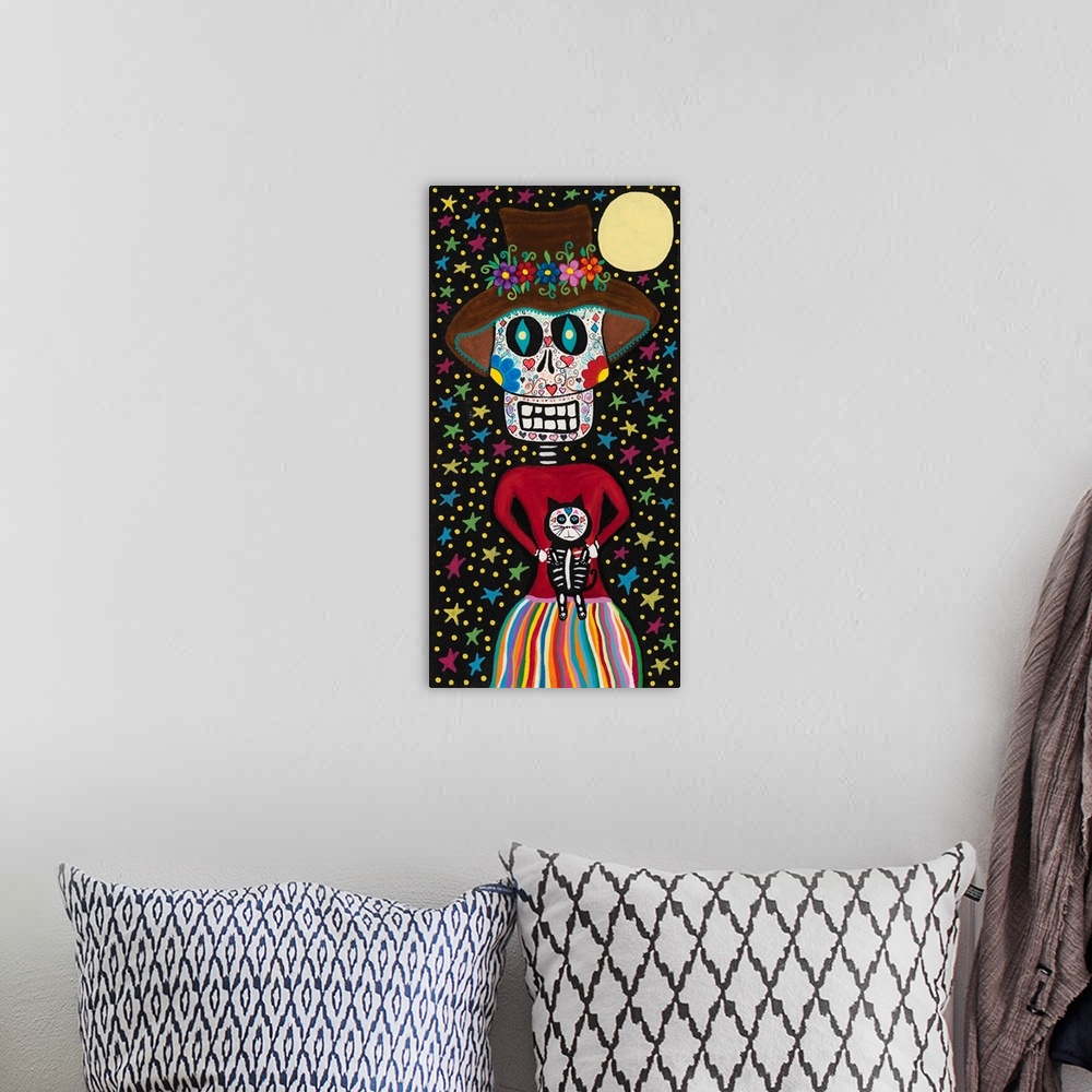 A bohemian room featuring Painting of a calavera girl with a matching cat in a pretty dress and hat with a starry sky.