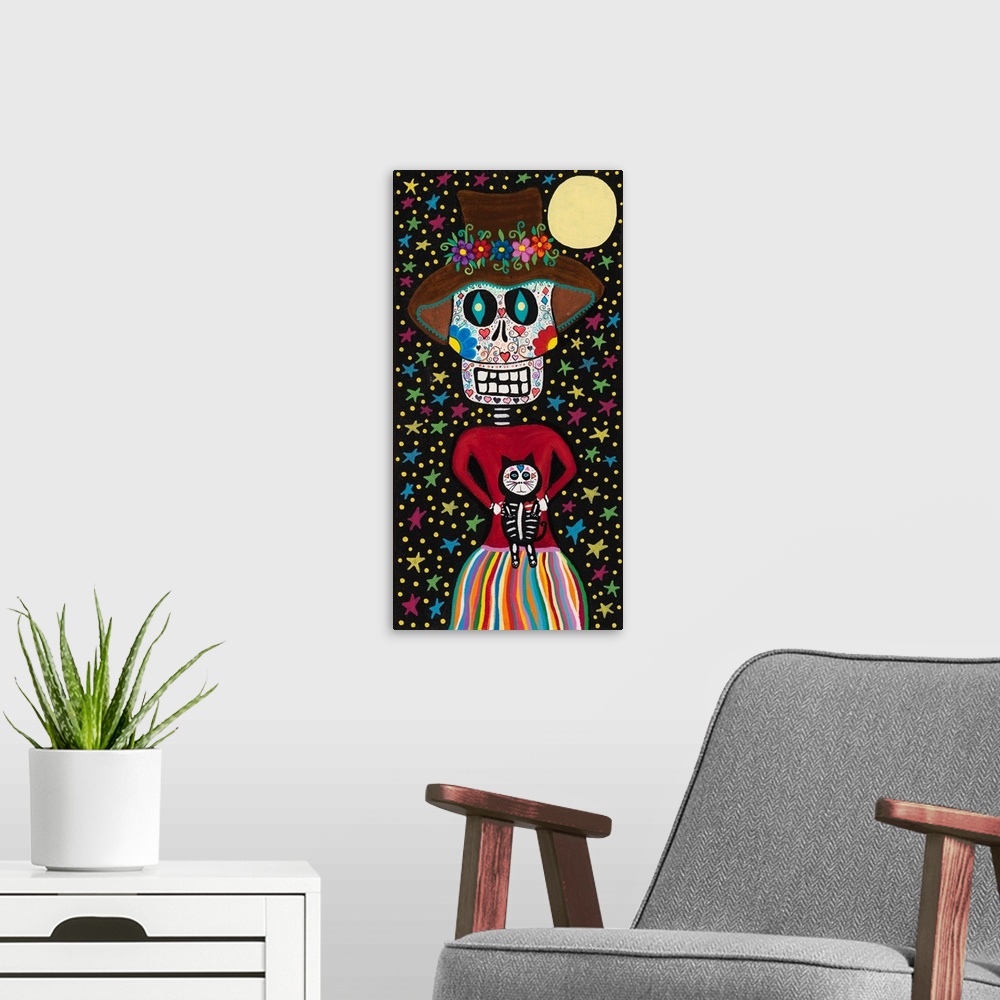 A modern room featuring Painting of a calavera girl with a matching cat in a pretty dress and hat with a starry sky.