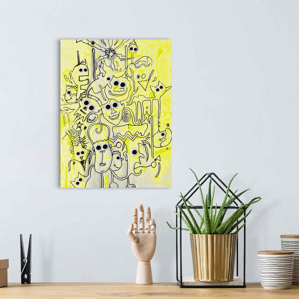 A bohemian room featuring abstract faces in collage