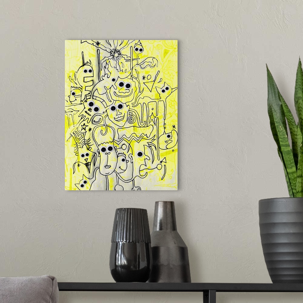 A modern room featuring abstract faces in collage