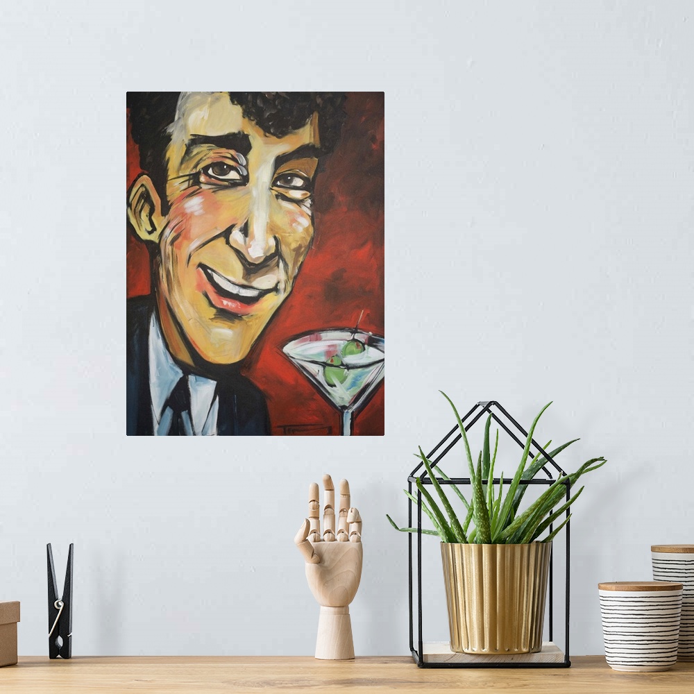 A bohemian room featuring Contemporary portrait of Rat Pack singer Dean Martin with a martini.