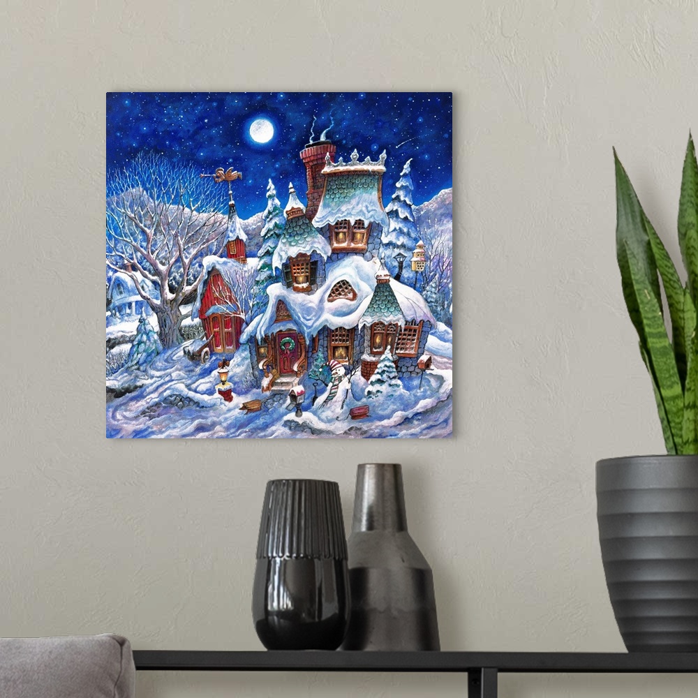 A modern room featuring Tipsy Victorian house covered in snow.  Snowman in front yard.