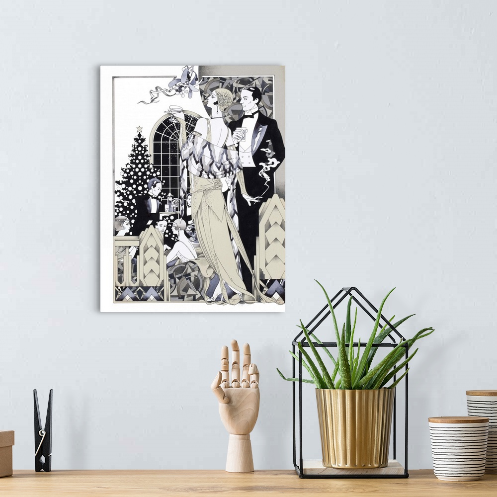 A bohemian room featuring Art deco style illustration of a couple in formal wear looking at a Christmas dinner scene.