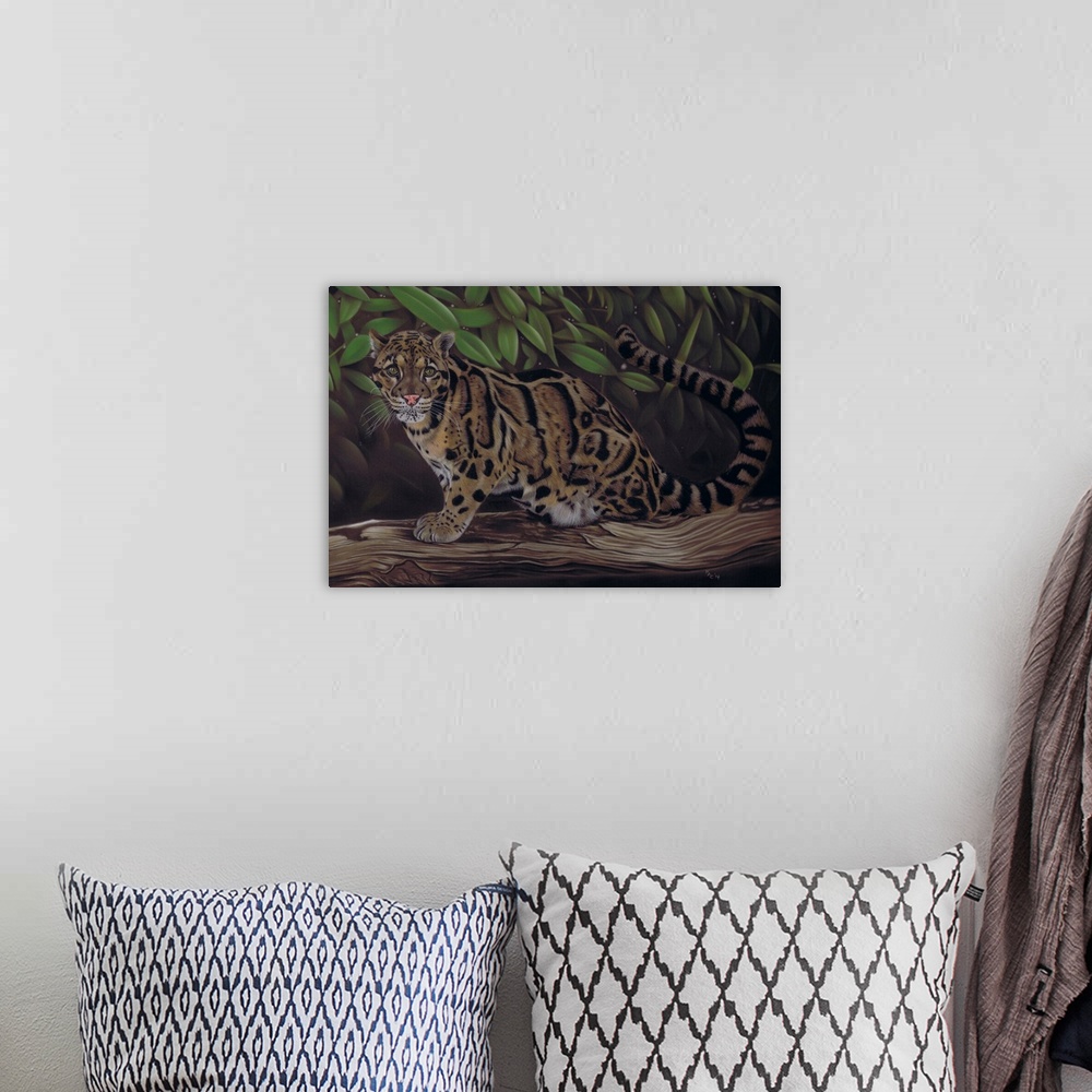 A bohemian room featuring Contemporary artwork of a clouded leopard in a forest.
