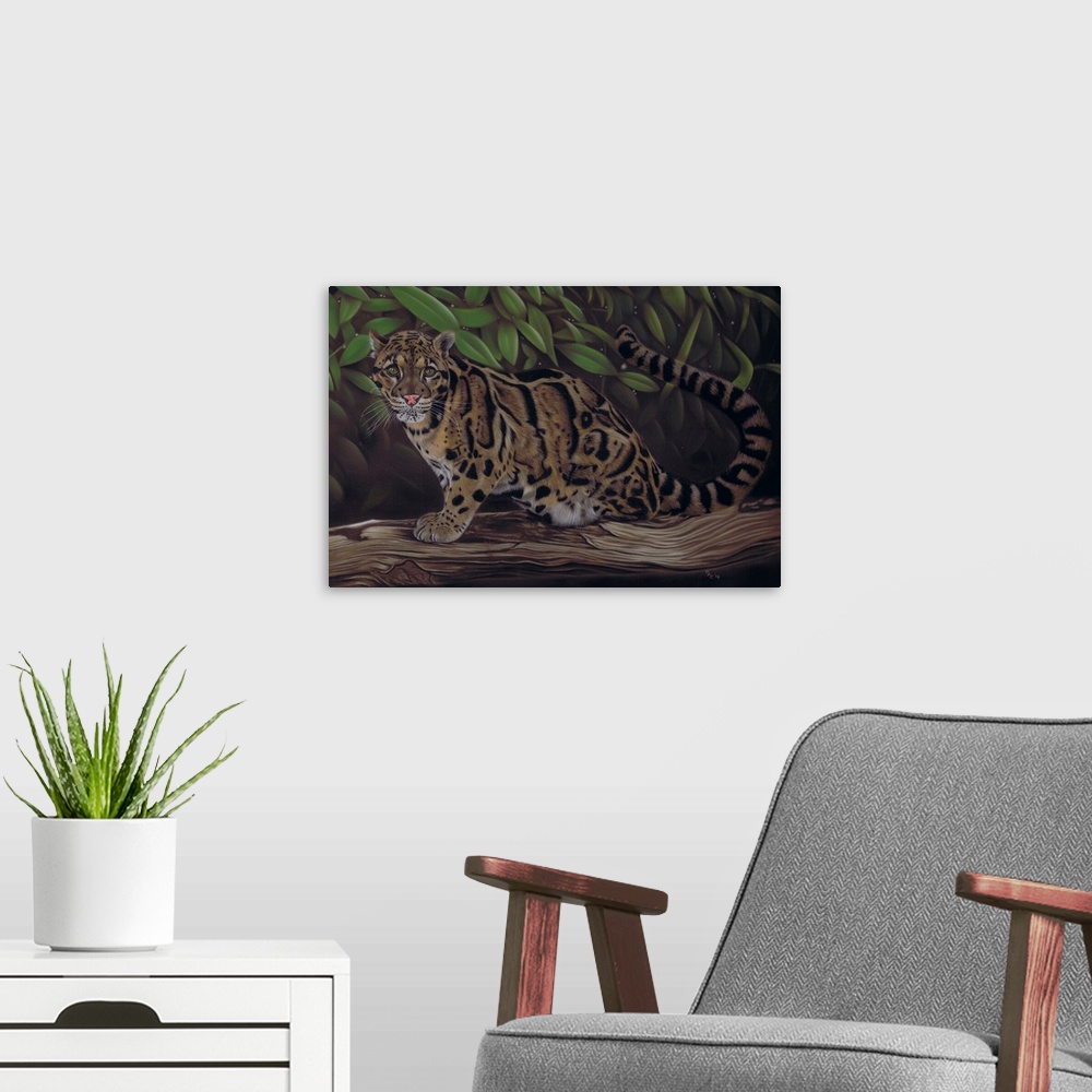 A modern room featuring Contemporary artwork of a clouded leopard in a forest.