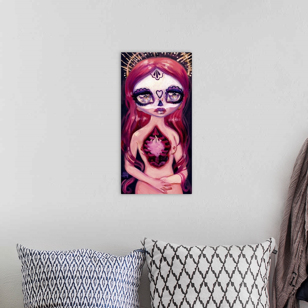 A bohemian room featuring Fantasy painting of a woman with heart visible, sugar skull makeup, and a halo.