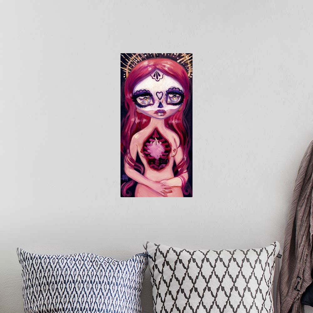A bohemian room featuring Fantasy painting of a woman with heart visible, sugar skull makeup, and a halo.