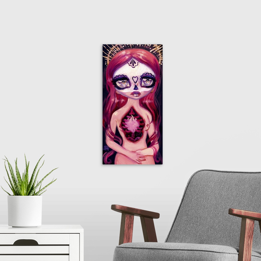 A modern room featuring Fantasy painting of a woman with heart visible, sugar skull makeup, and a halo.