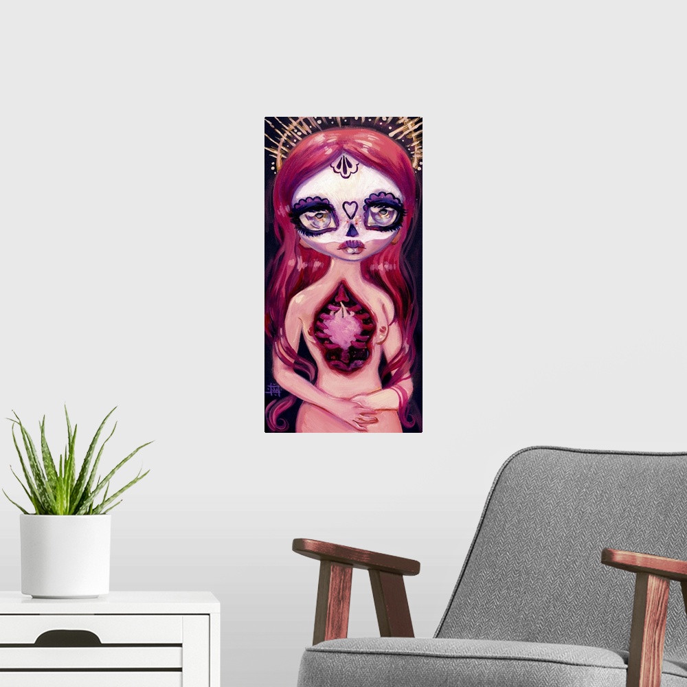 A modern room featuring Fantasy painting of a woman with heart visible, sugar skull makeup, and a halo.
