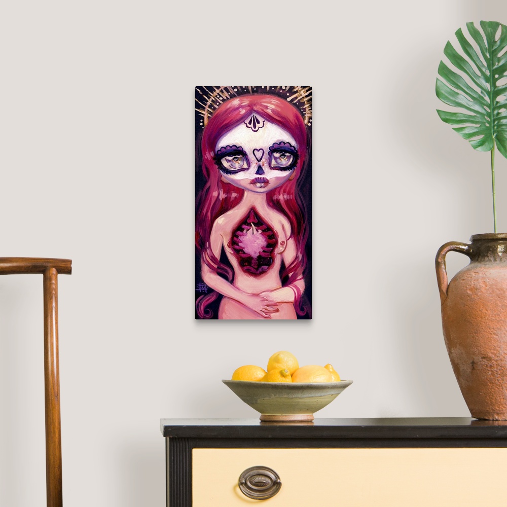 A traditional room featuring Fantasy painting of a woman with heart visible, sugar skull makeup, and a halo.