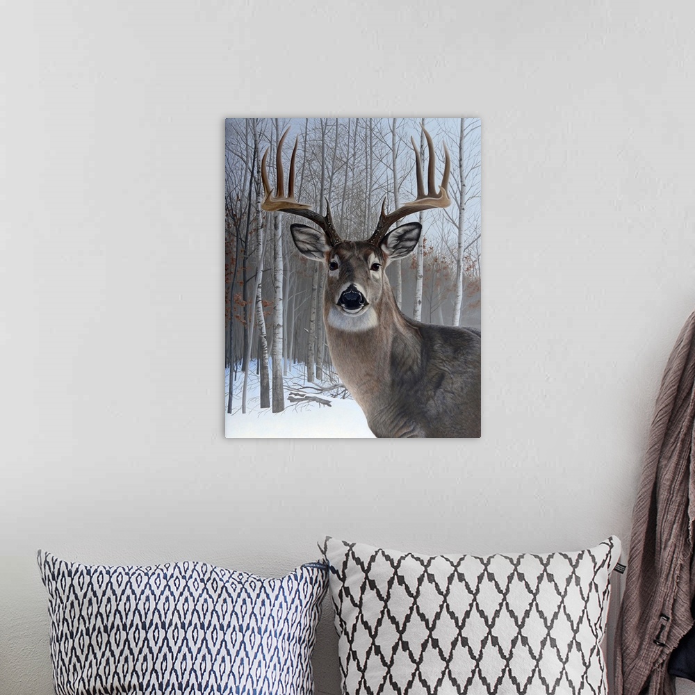 A bohemian room featuring Portrait of a deer with eight-point antlers.