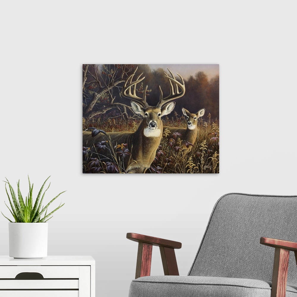 A modern room featuring Two deer stand in an autumn field.