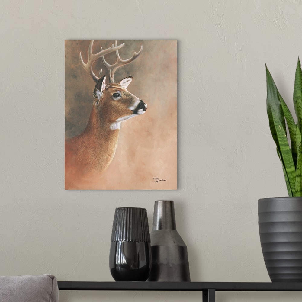 A modern room featuring A close up of a deer head
