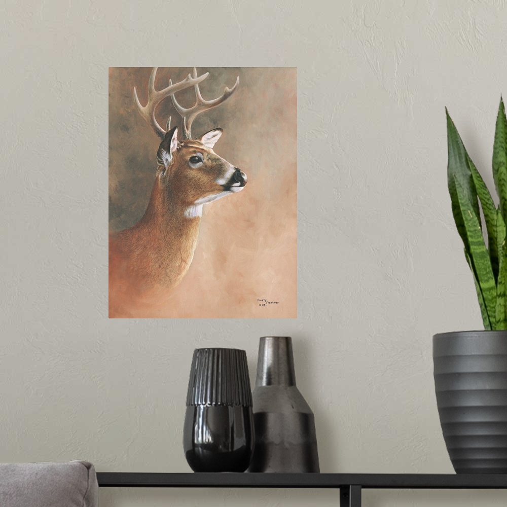 A modern room featuring A close up of a deer head
