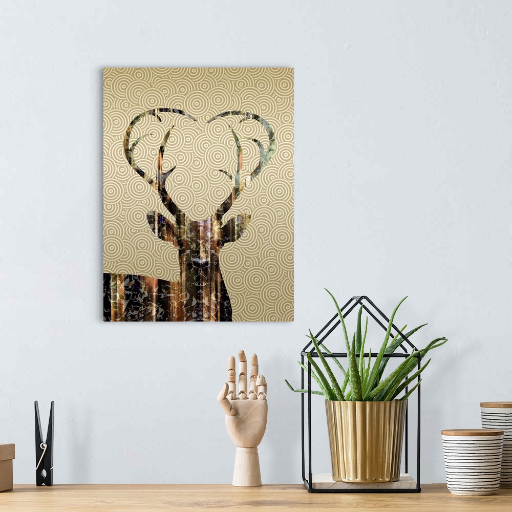 A bohemian room featuring Contemporary artwork of a patterned stag deer, with curved antlers, against a patterned backgroun...