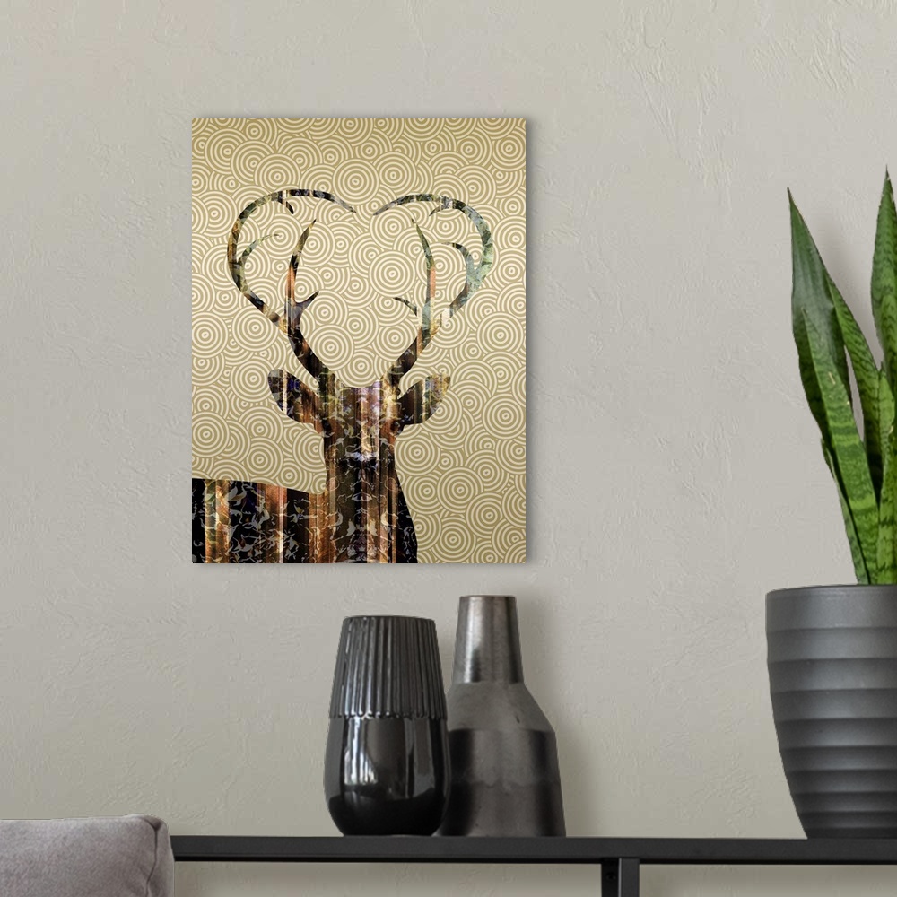 A modern room featuring Contemporary artwork of a patterned stag deer, with curved antlers, against a patterned backgroun...