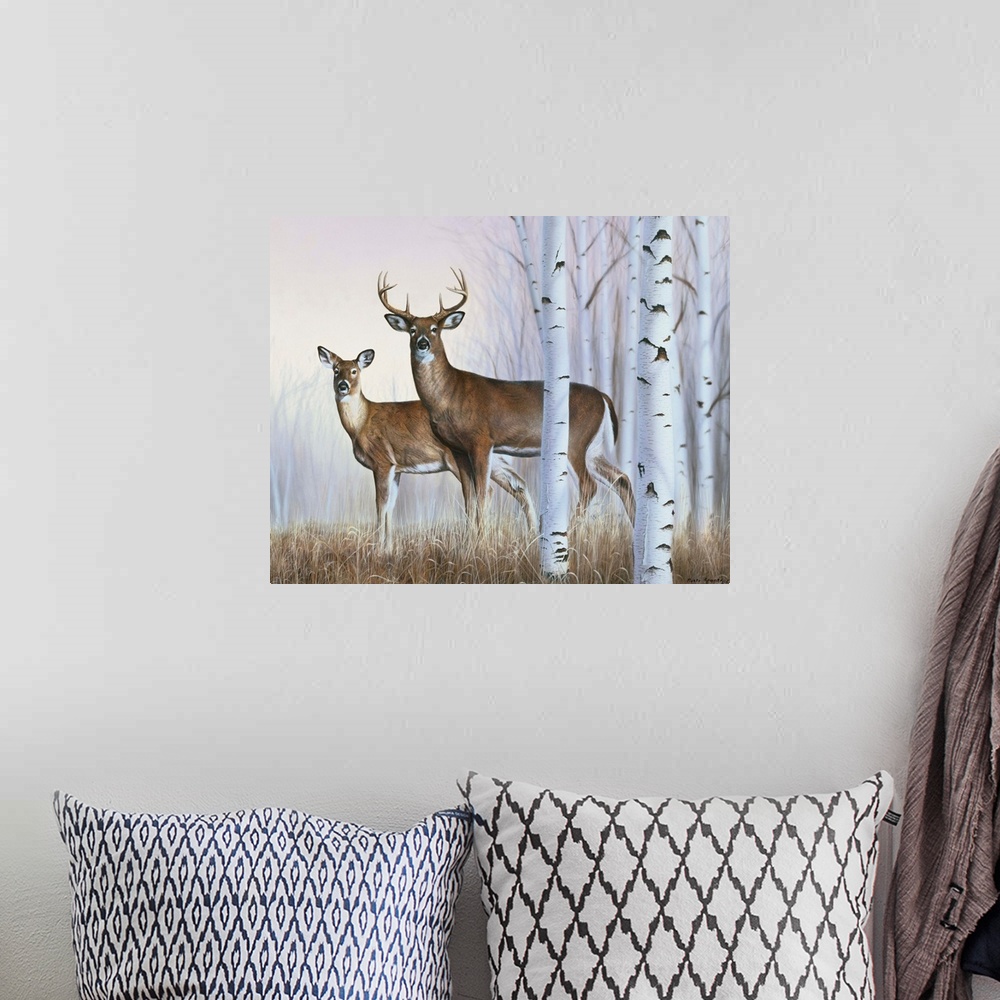 A bohemian room featuring A buck and doe standing behind some white birch trees.
