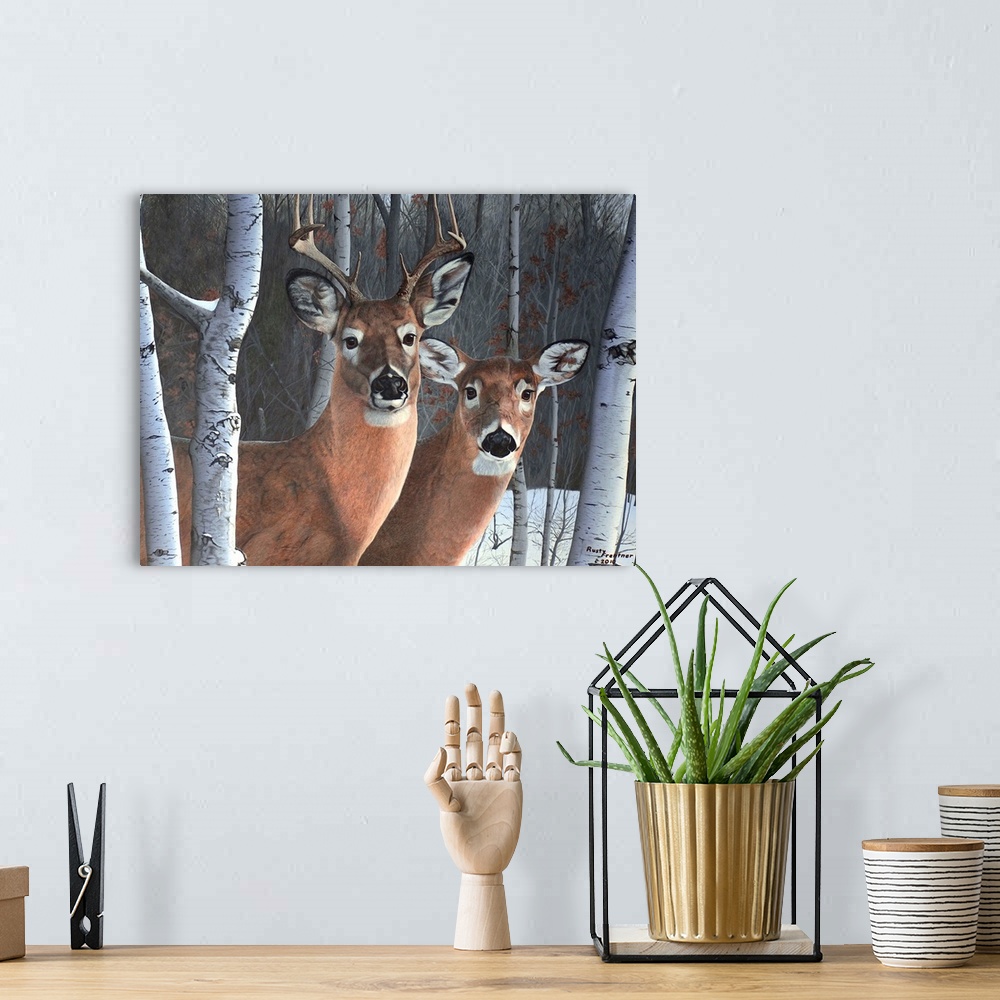 A bohemian room featuring Contemporary painting of a deer couple standing beside a tree in a forest in winter.