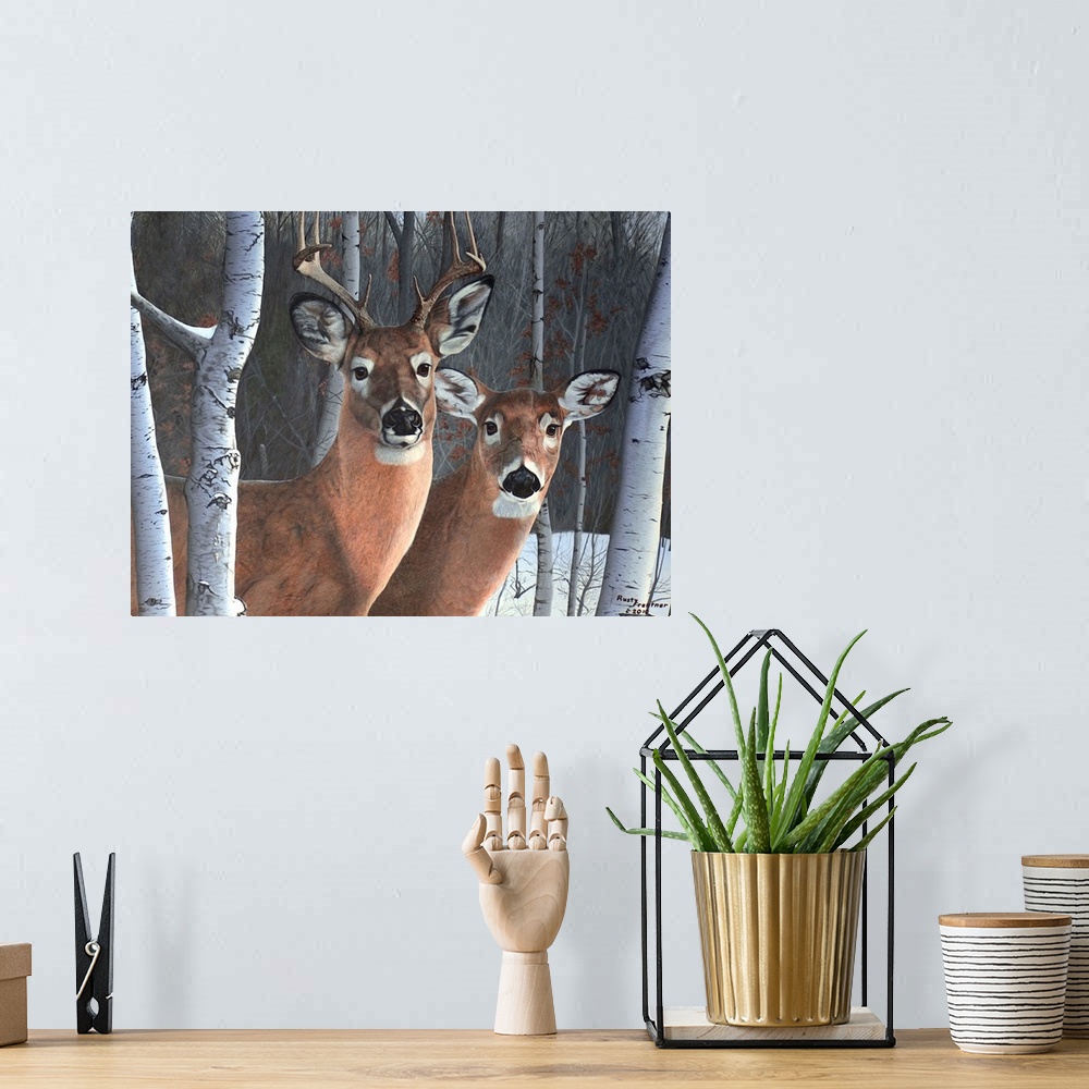 A bohemian room featuring Contemporary painting of a deer couple standing beside a tree in a forest in winter.