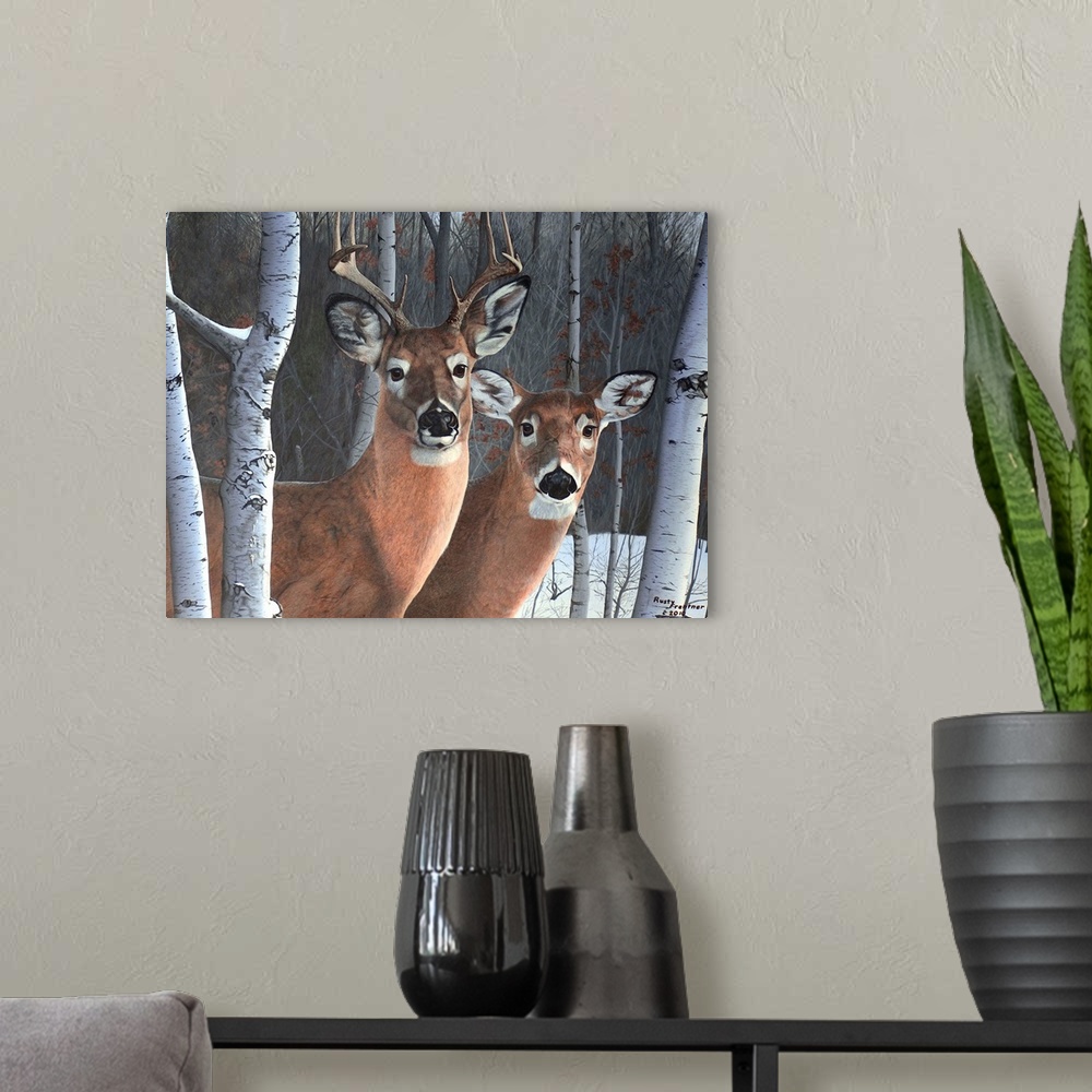 A modern room featuring Contemporary painting of a deer couple standing beside a tree in a forest in winter.