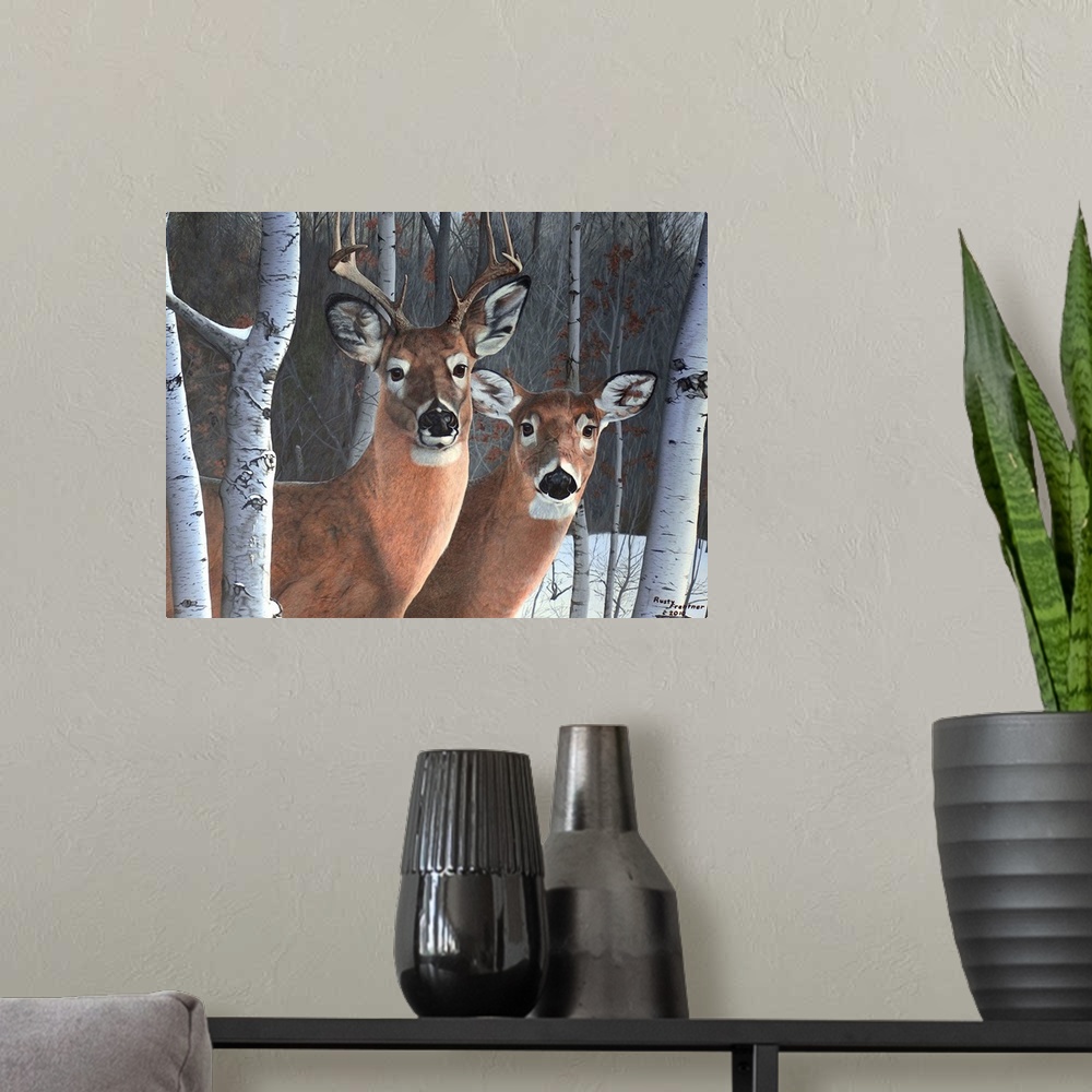 A modern room featuring Contemporary painting of a deer couple standing beside a tree in a forest in winter.