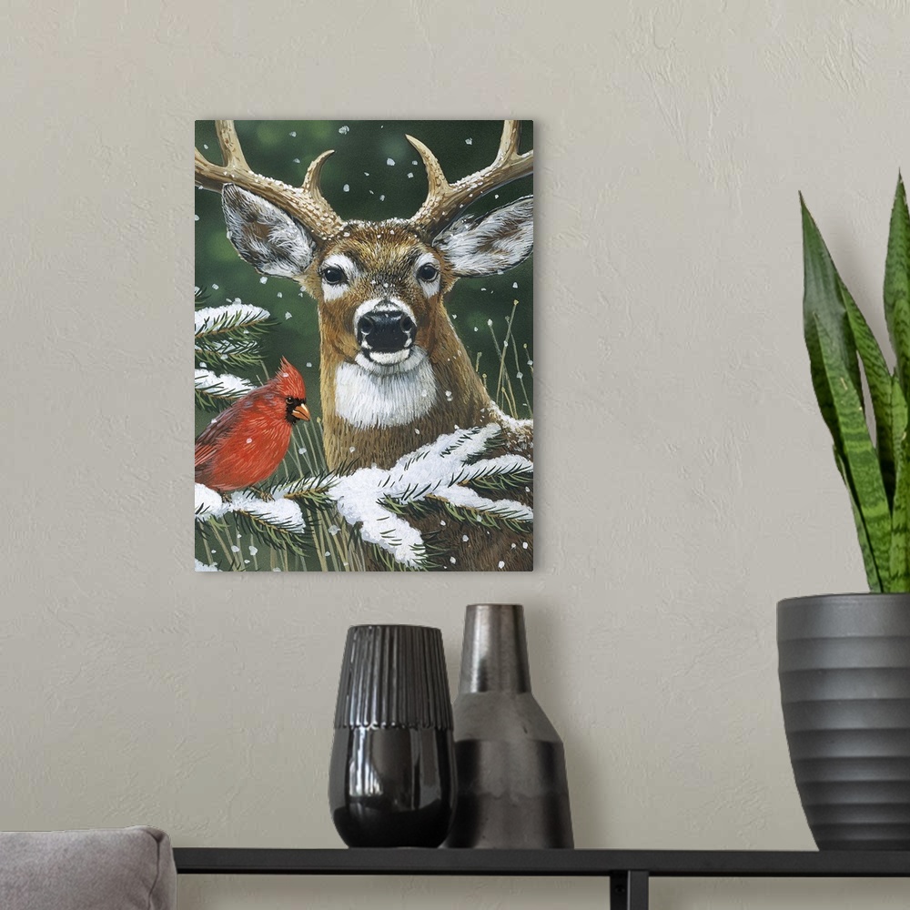 A modern room featuring Deer With Cardinal