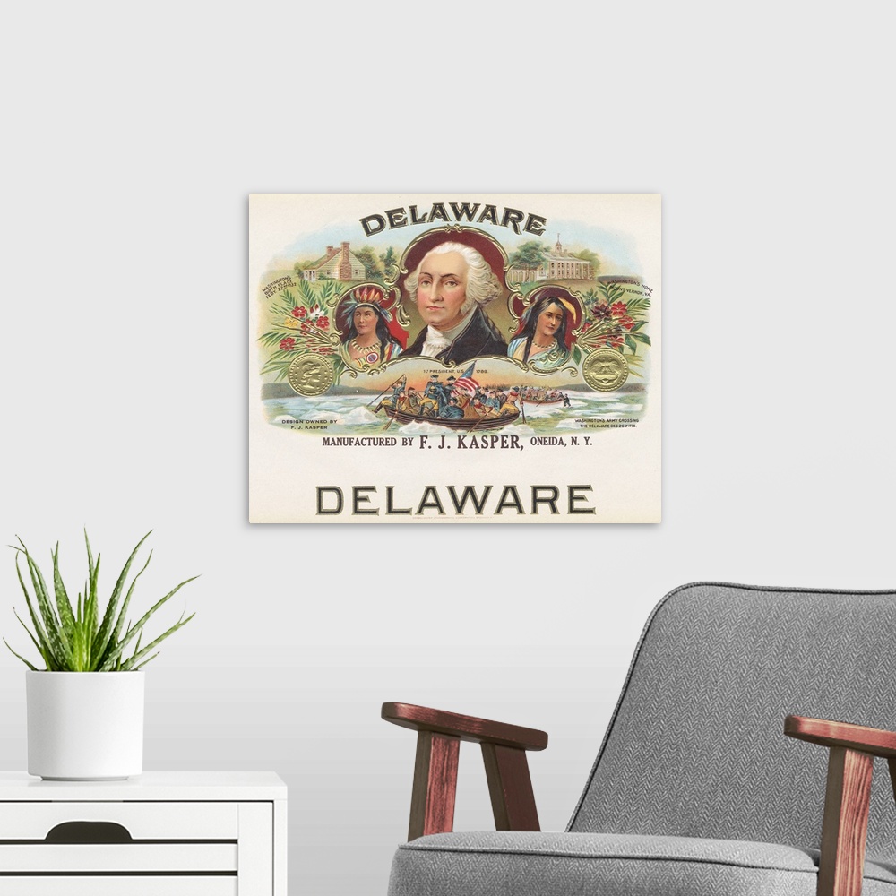 A modern room featuring Delaware. Manufactured by F.J. Kasper, Oneida, N.Y.? President Washington with an indian on his l...
