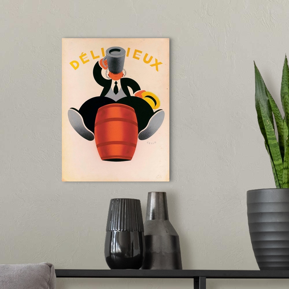 A modern room featuring Vintage advertisement artwork of a characterized man wearing a suit and drink beer from a mug whi...