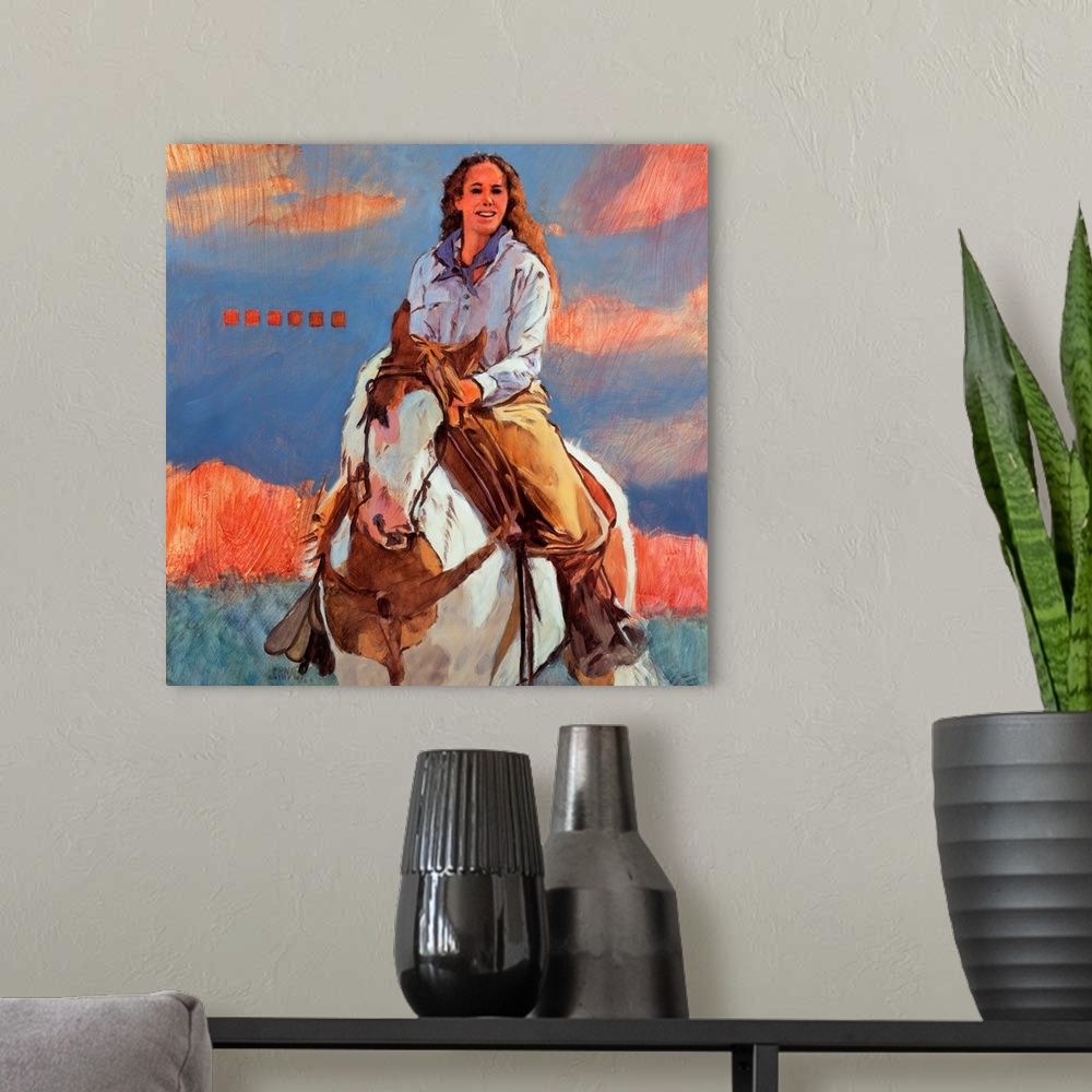 A modern room featuring Contemporary western theme painting of a cowgirl on horseback.