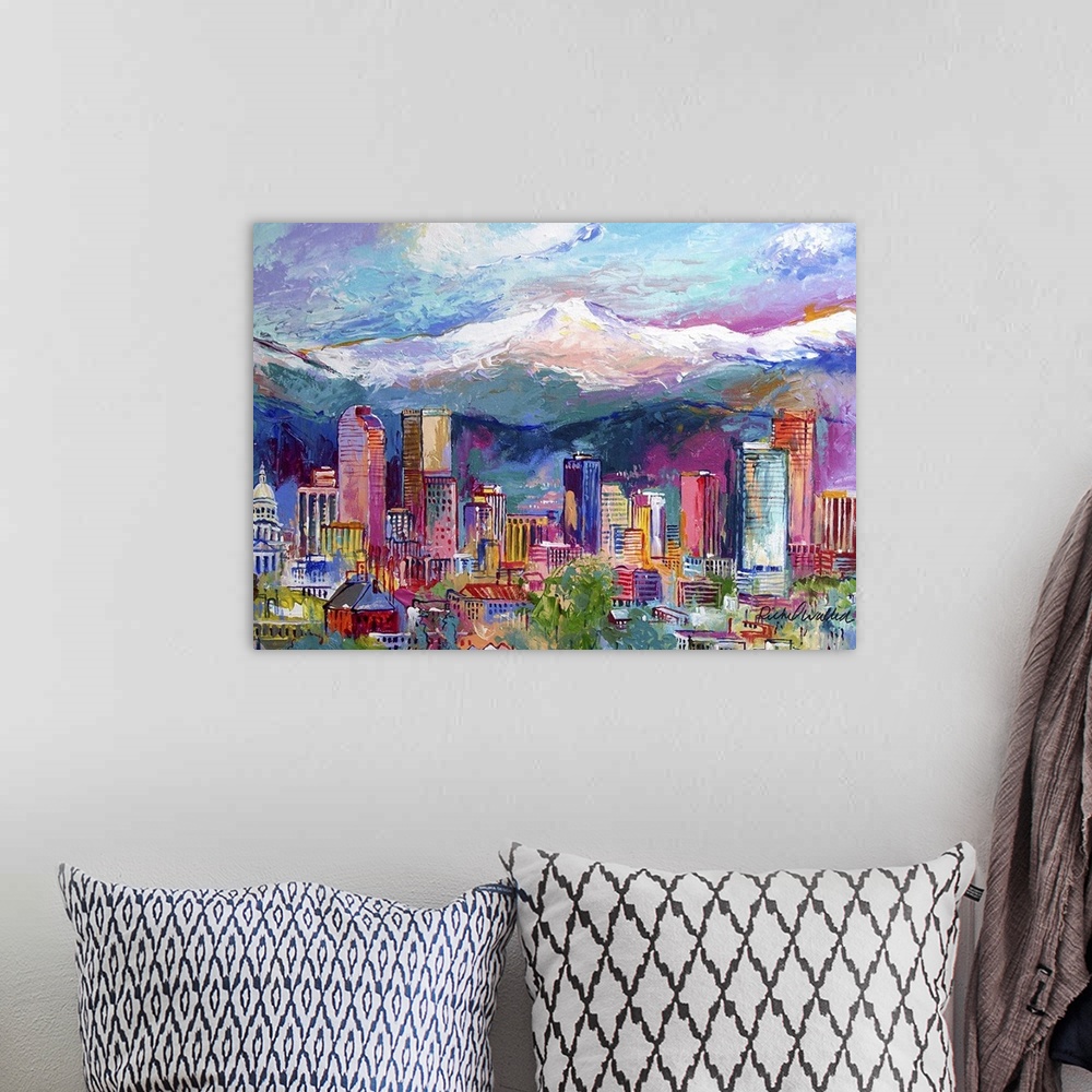 A bohemian room featuring City scene with mountains in background, Denver, Colorado.