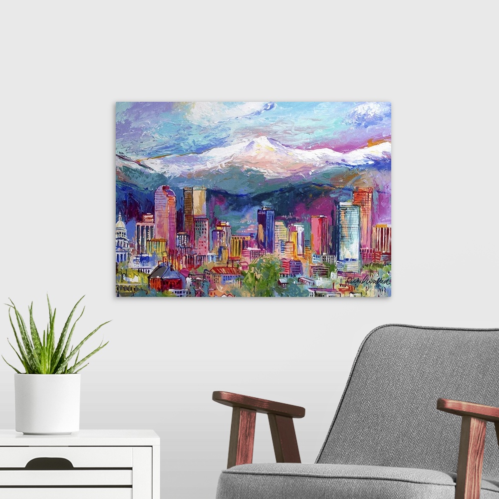 A modern room featuring City scene with mountains in background, Denver, Colorado.