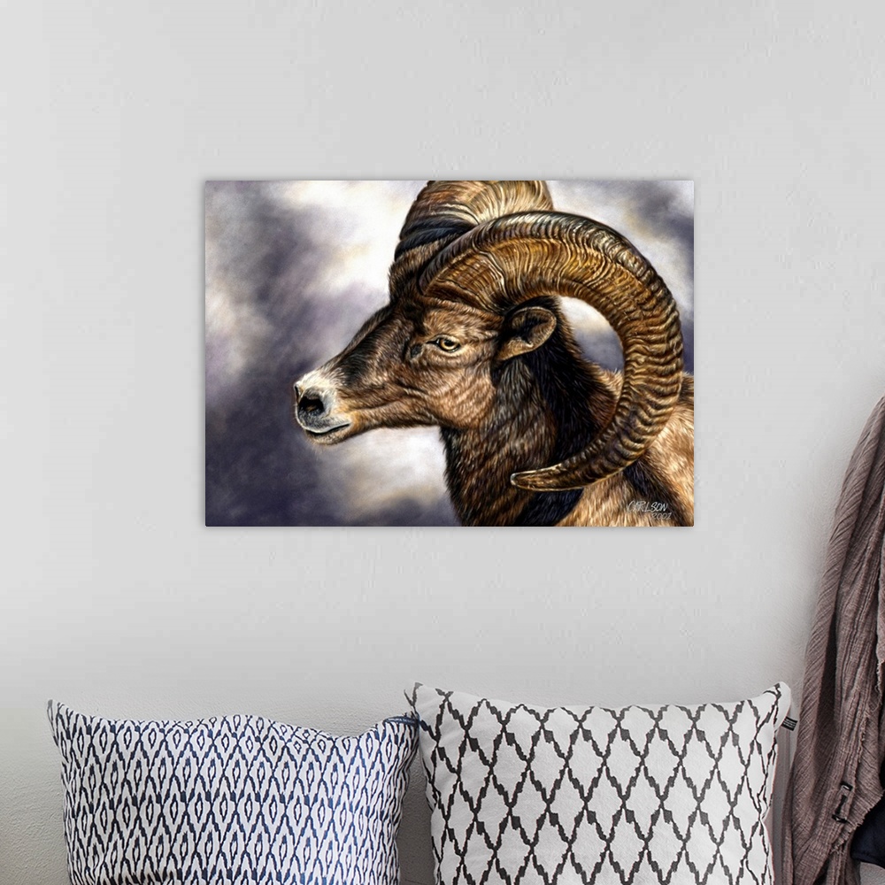 A bohemian room featuring close up image of bighorn sheep's head