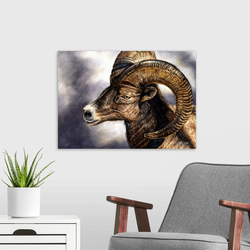 A modern room featuring close up image of bighorn sheep's head