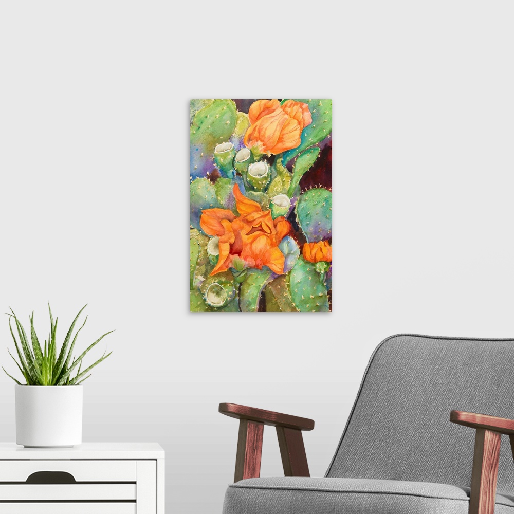 A modern room featuring Colorful contemporary painting of desert cactus flowers.