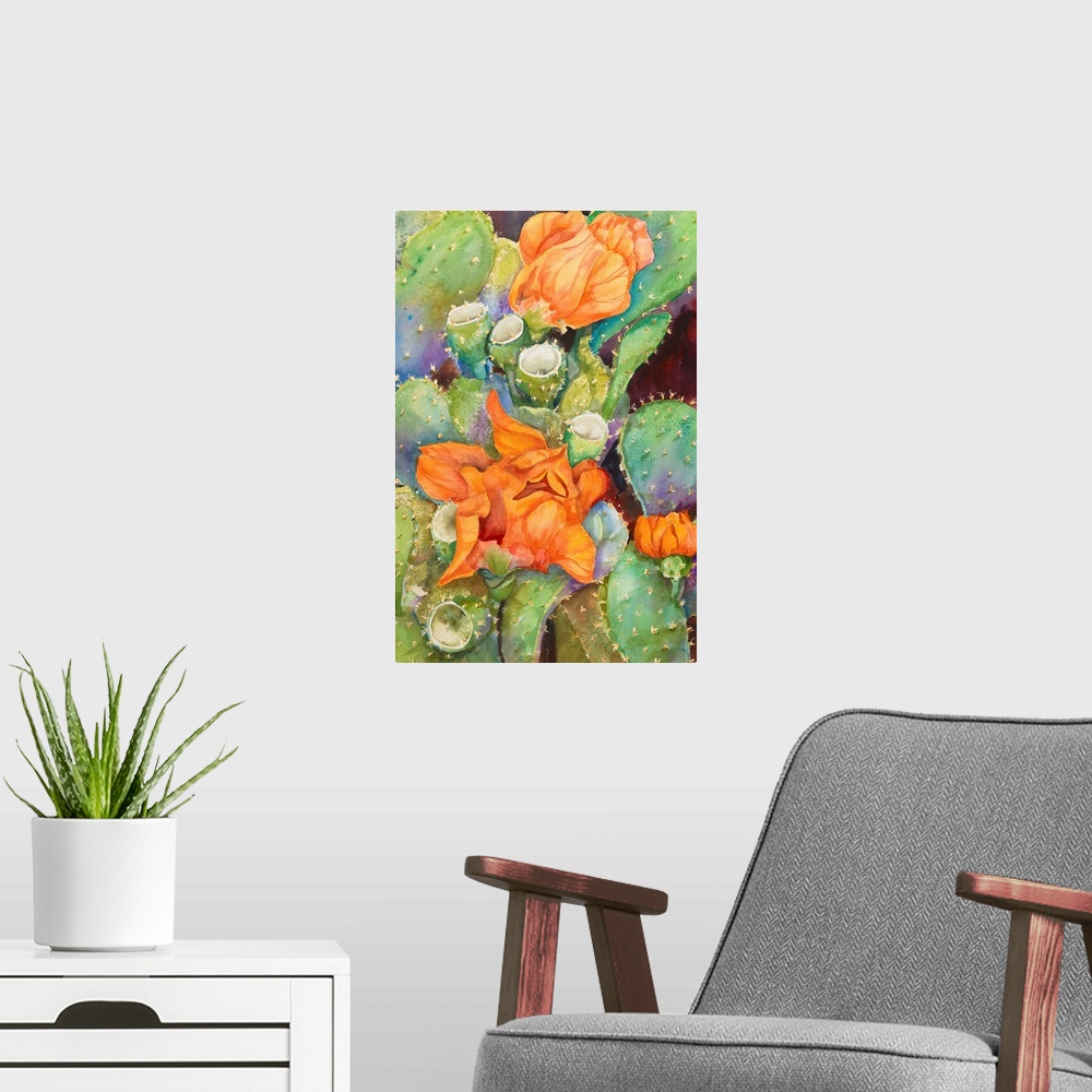 A modern room featuring Colorful contemporary painting of desert cactus flowers.