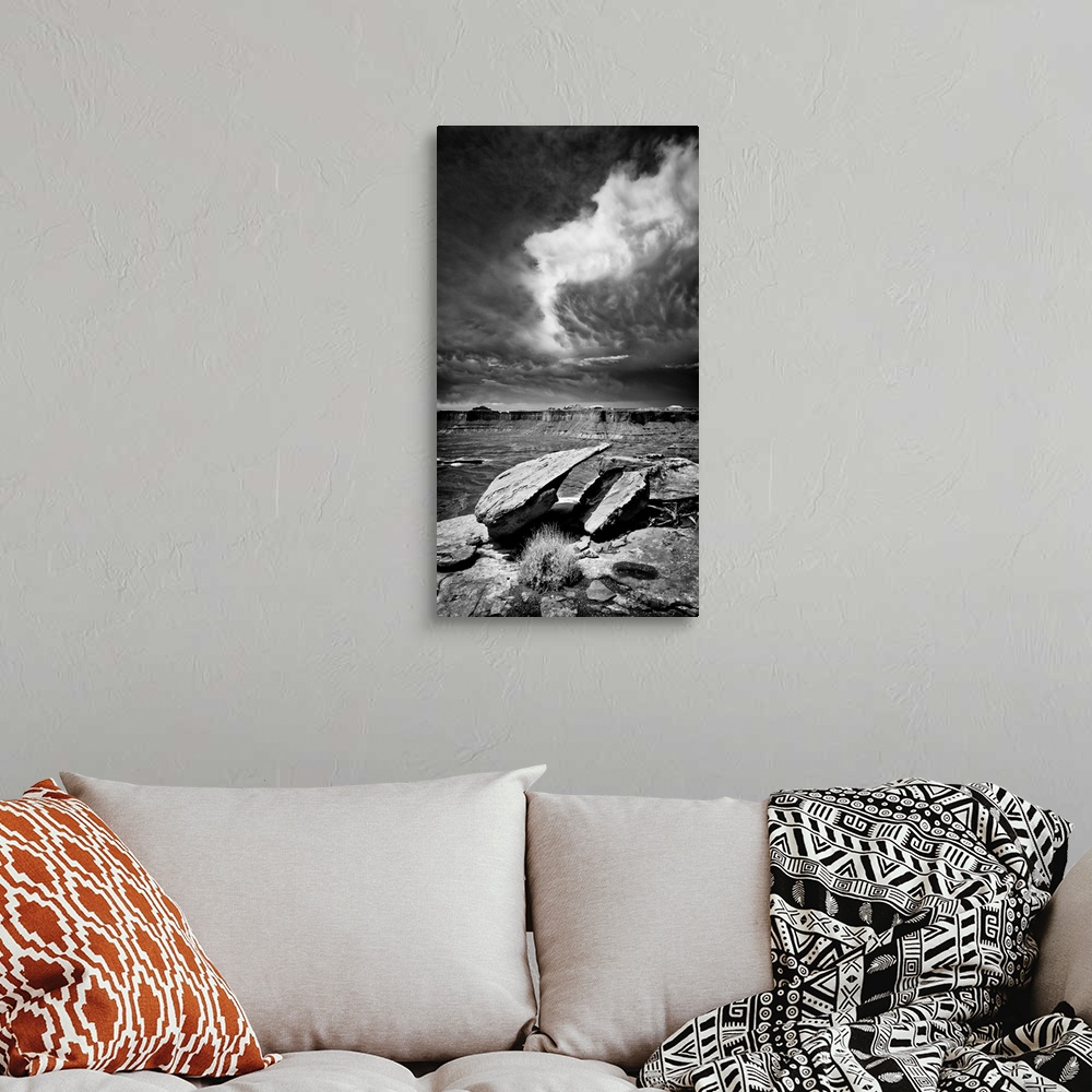 A bohemian room featuring Desert, mountains, clouds, black and white photography