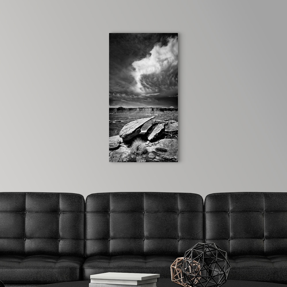 A modern room featuring Desert, mountains, clouds, black and white photography