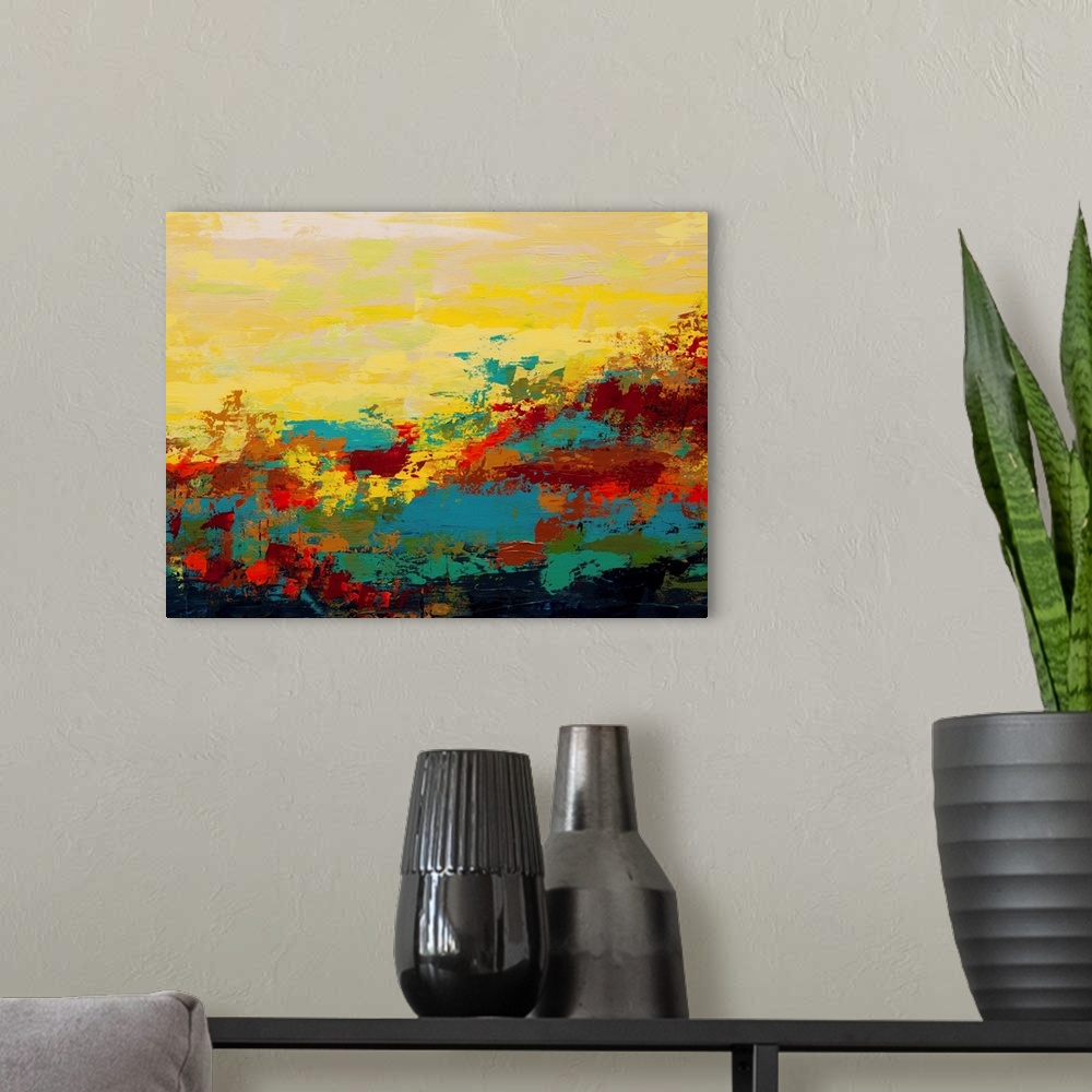A modern room featuring Contemporary abstract painting in blues and yellows, resembling an arid landscape.