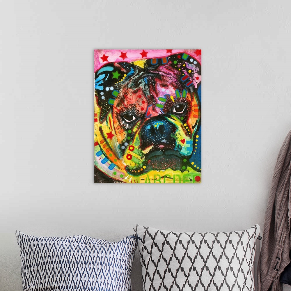 A bohemian room featuring Contemporary painting of a colorful bulldog with graffiti-like markings.