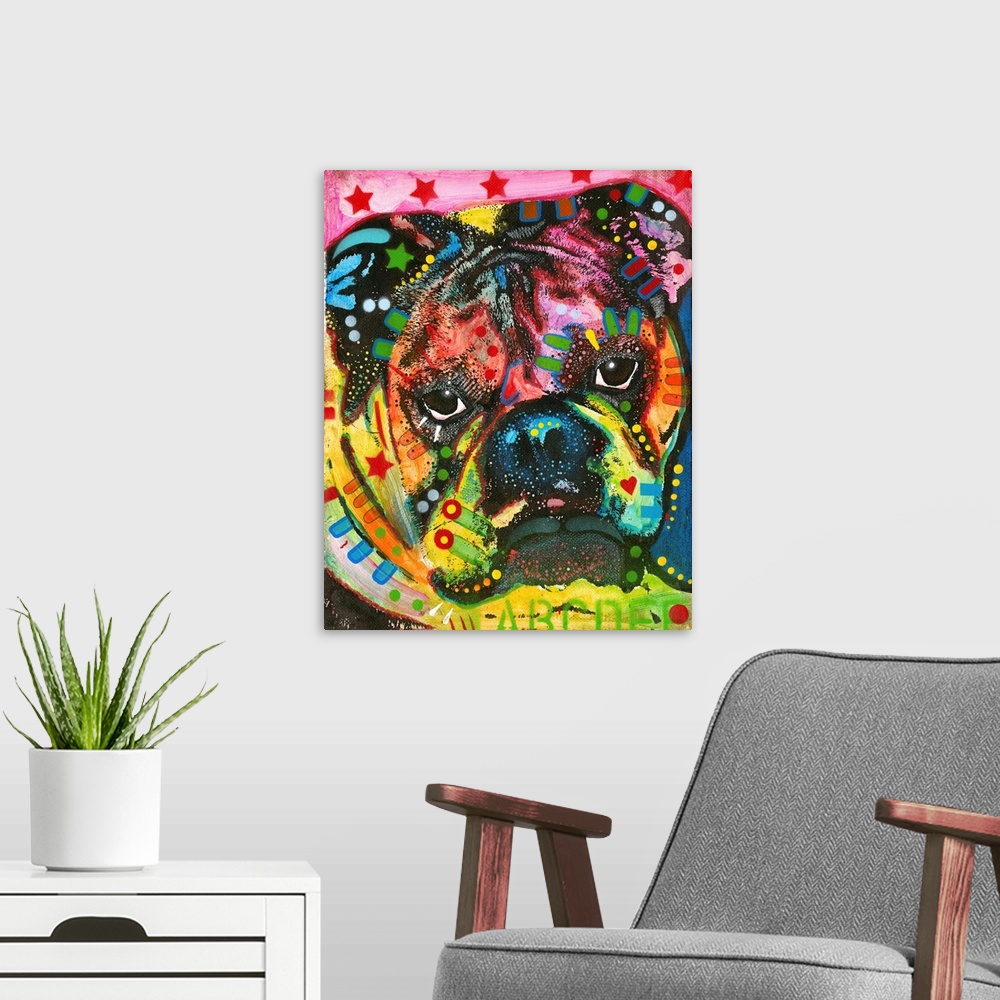 A modern room featuring Contemporary painting of a colorful bulldog with graffiti-like markings.