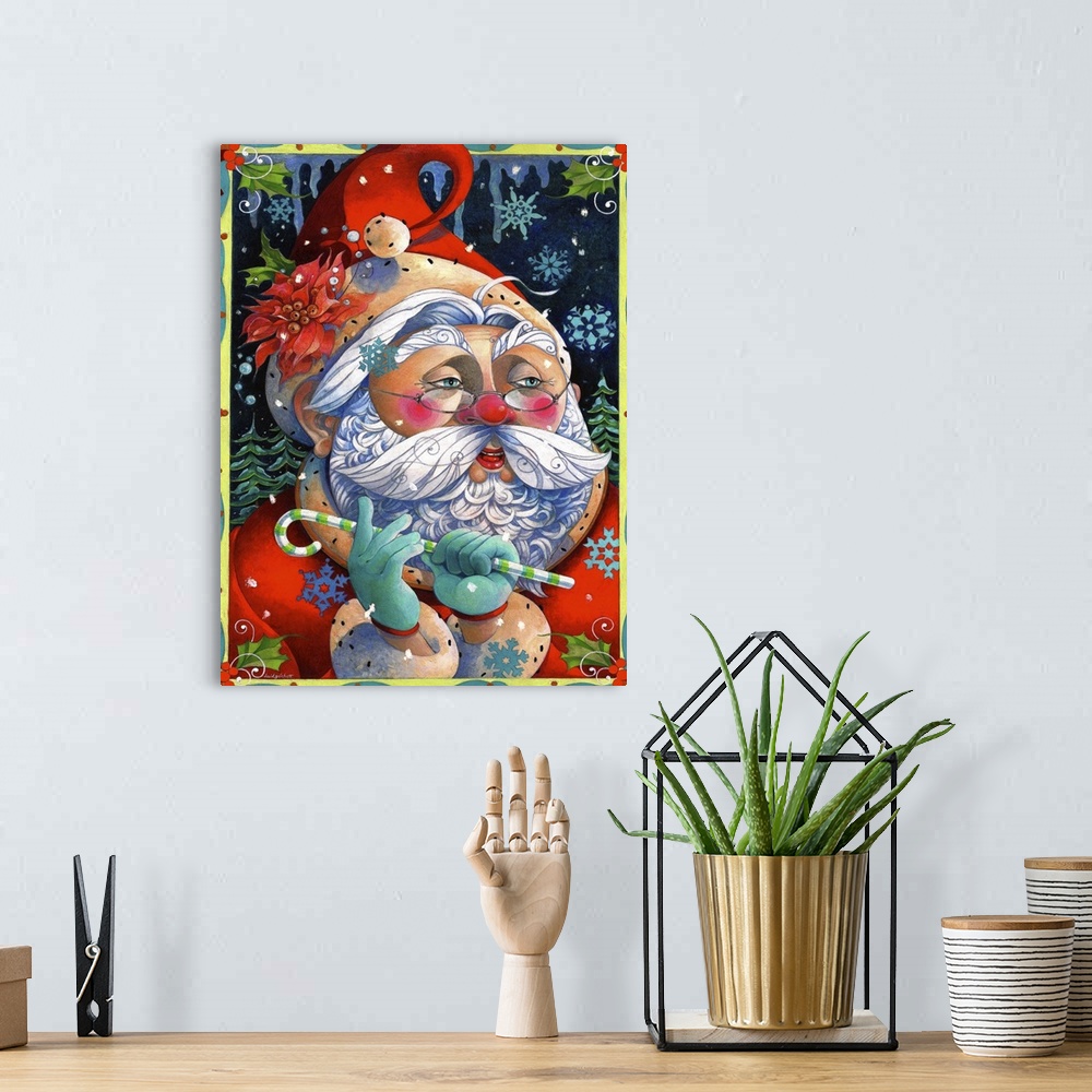 A bohemian room featuring Contemporary artwork of Santa Claus holding a candy cane against a background of snowflakes.
