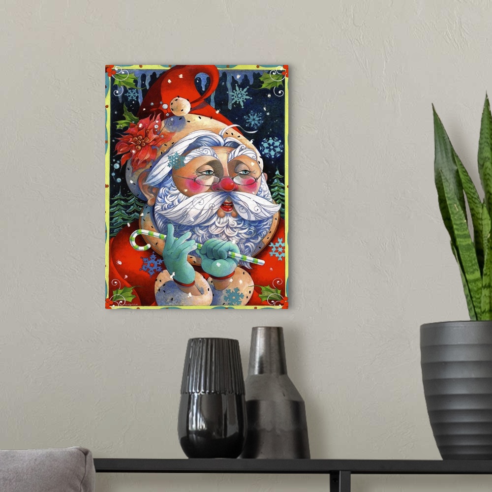 A modern room featuring Contemporary artwork of Santa Claus holding a candy cane against a background of snowflakes.
