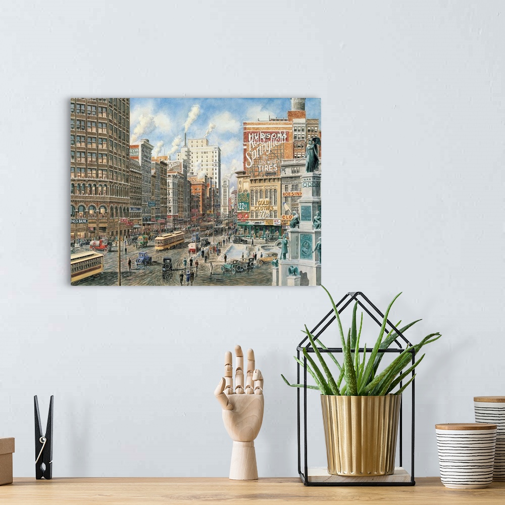 A bohemian room featuring Contemporary painting of the city of Detroit.