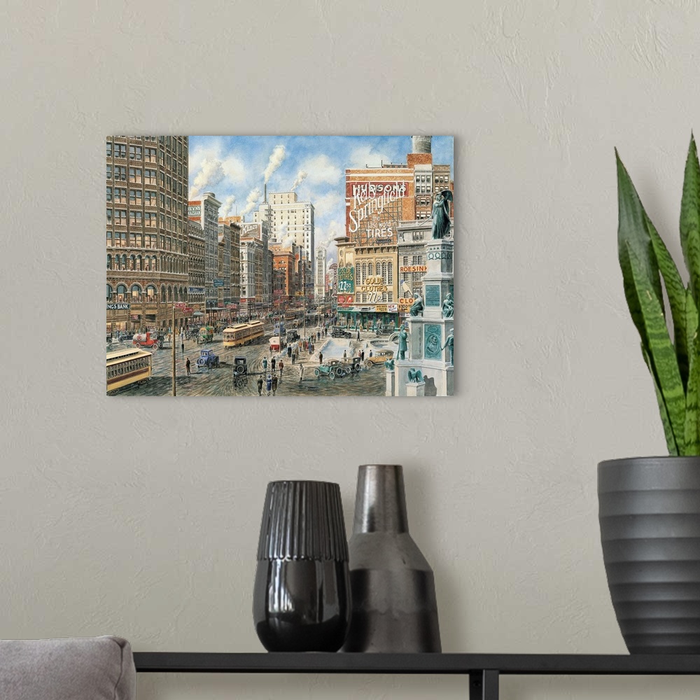 A modern room featuring Contemporary painting of the city of Detroit.