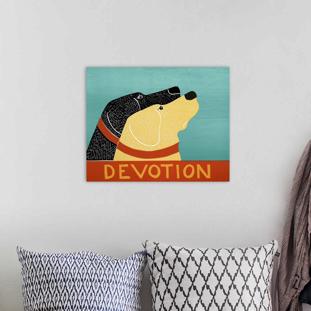 A bohemian room featuring Illustration of a yellow and black lab starring at the same thing with the word "Devotion" writte...