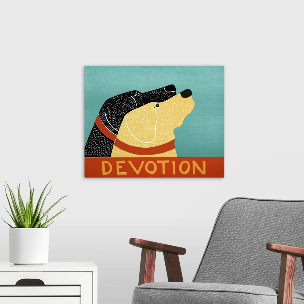 A modern room featuring Illustration of a yellow and black lab starring at the same thing with the word "Devotion" writte...